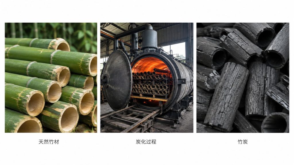 竹材经过高温炭化形成竹炭