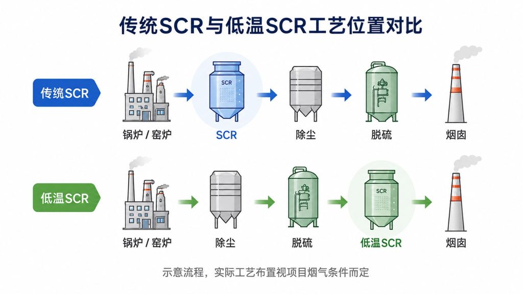 传统SCR与低温SCR工业烟气脱硝工艺布置对比