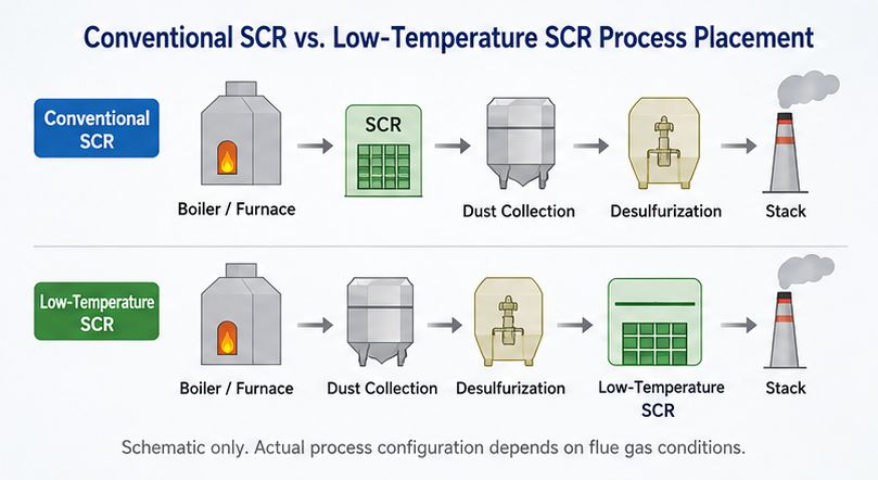 Conventional SCR and low-temperature SCR DeNOx process layout comparison