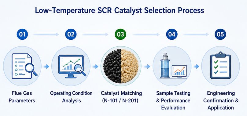 Industrial low-temperature SCR DeNOx catalyst selection and testing process