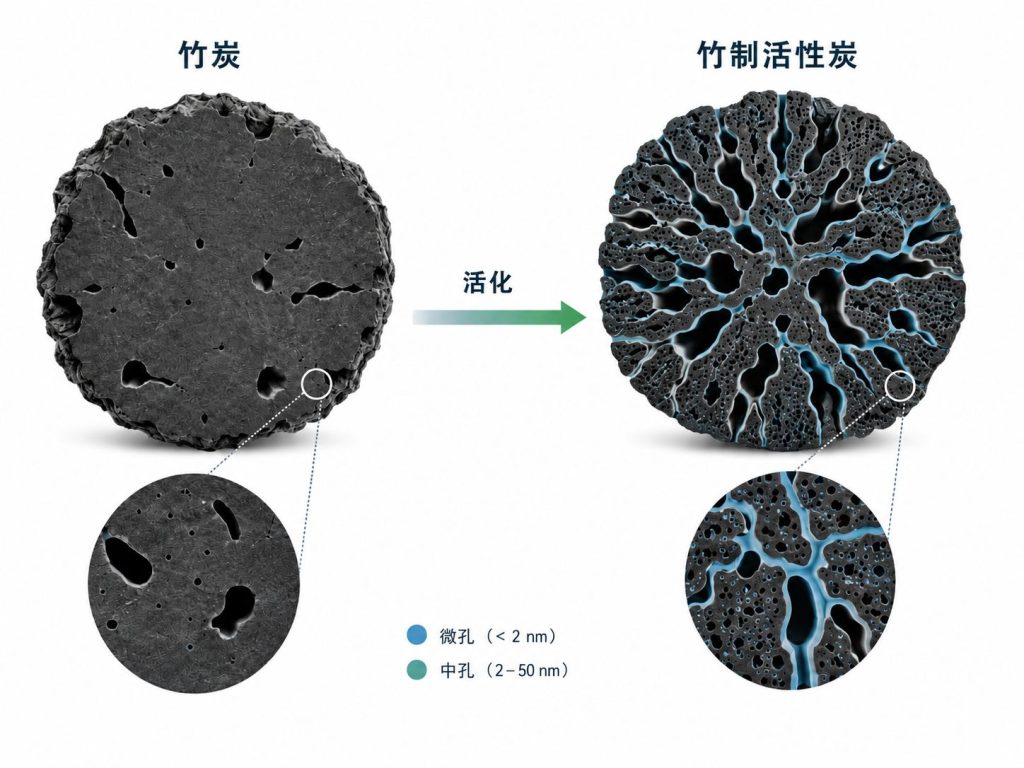 竹炭与竹制活性炭孔结构对比