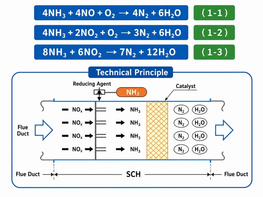 Low-temperature SCR DeNOx process showing NH3 reduction of NOx over catalyst