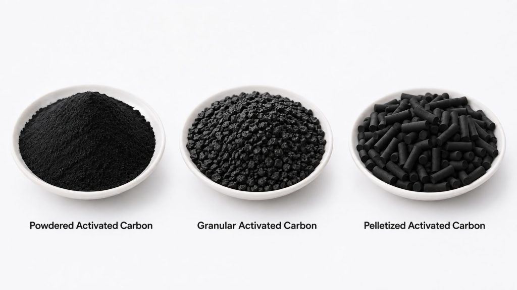 Powdered granular and pelletized bamboo activated carbon