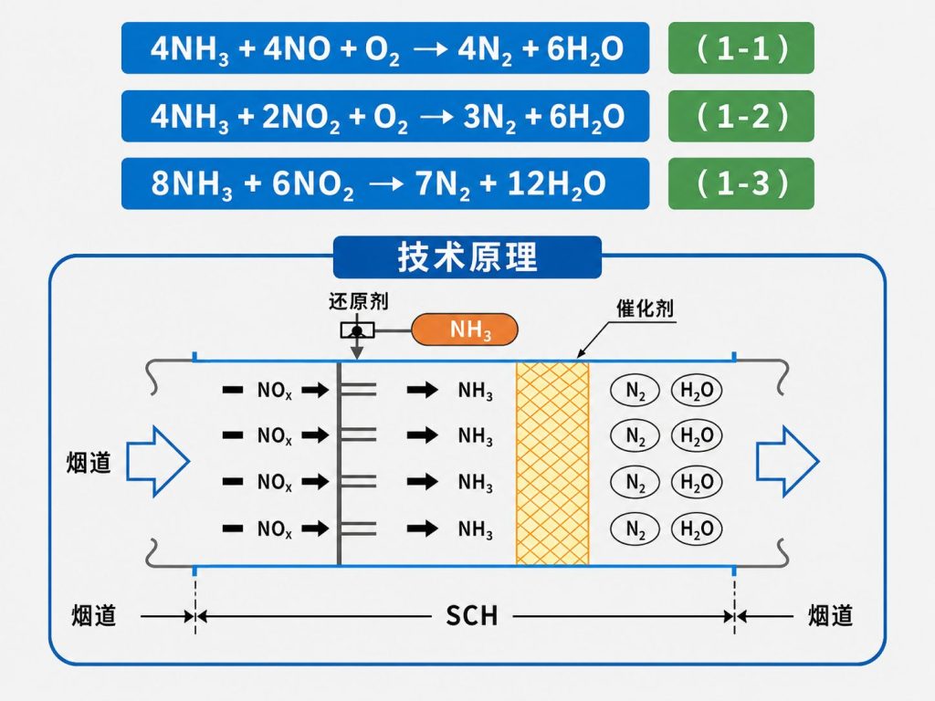 低温SCR脱硝技术NH3与NOx选择性催化还原反应原理图