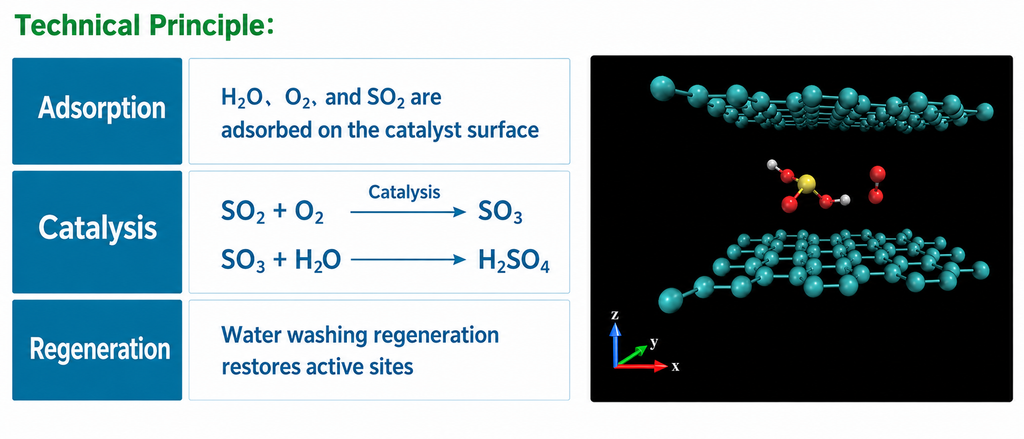 Technical principle of carbon-based catalytic flue gas desulfurization showing SO2 adsorption, catalytic oxidation and water-washing regeneration