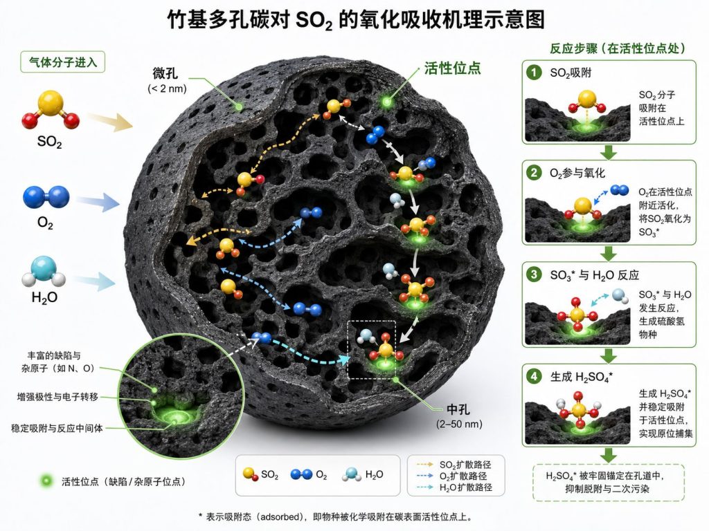 活性炭烟气脱硫 SO₂ 吸附与催化氧化机理示意图