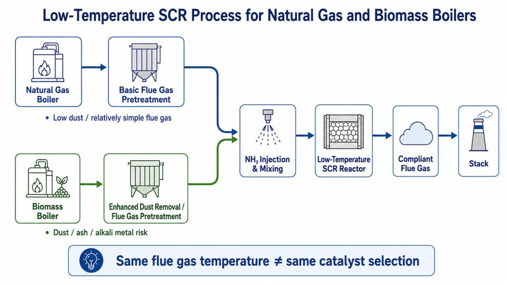 Low-temperature SCR process for natural gas and biomass boilers