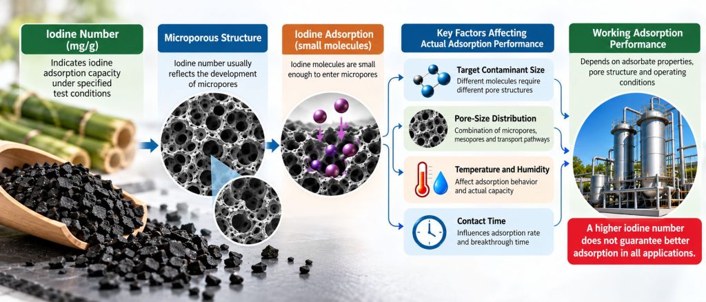 Relationship between activated carbon iodine number microporosity and working adsorption performance