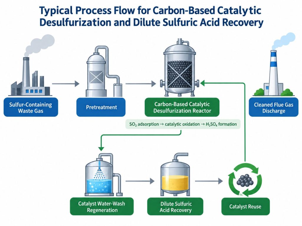 Typical carbon-based catalytic desulfurization and dilute sulfuric acid recovery process