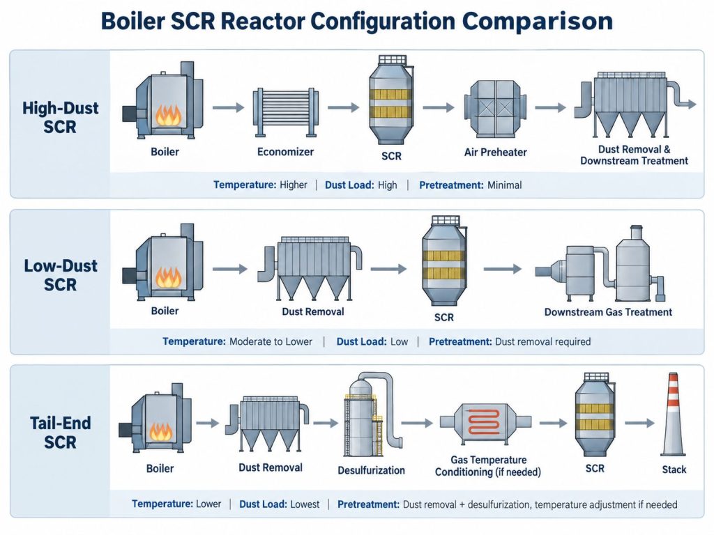 Comparison of high-dust, low-dust and tail-end SCR reactor configurations for industrial boilers