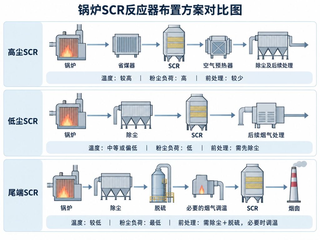 锅炉SCR反应器高尘、低尘和尾端布置对比示意图