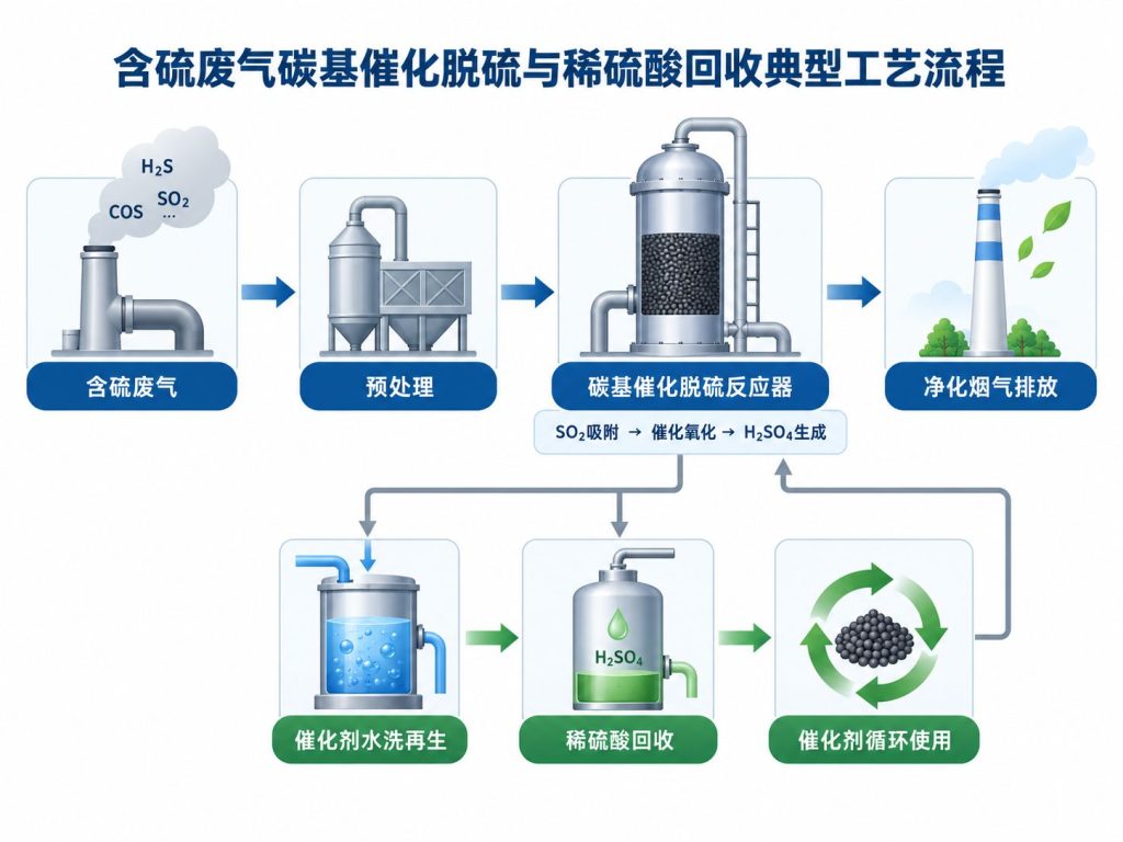 含硫废气碳基催化脱硫与稀硫酸回收典型工艺流程图