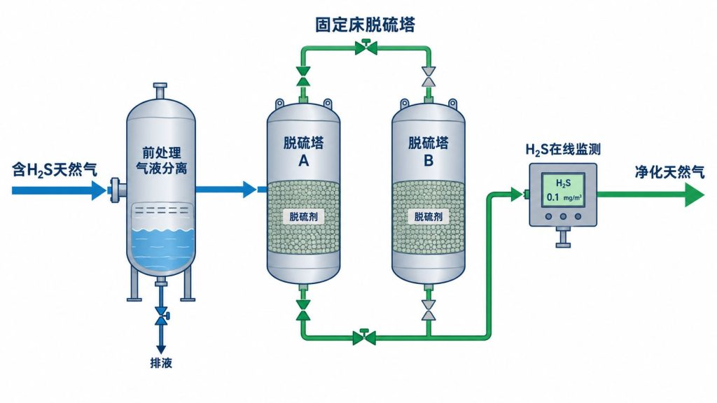 天然气H2S固定床深度脱硫典型工艺流程图