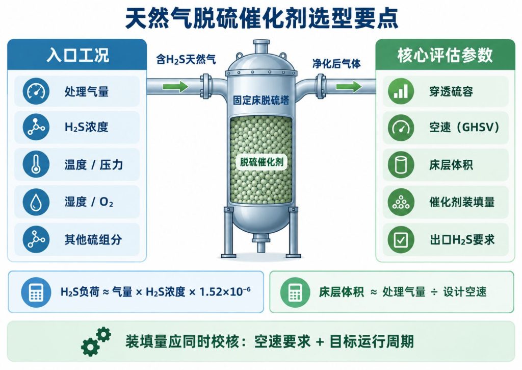 天然气脱硫催化剂选型要点，包括H2S浓度、硫容、空速、床层体积和催化剂装填量
