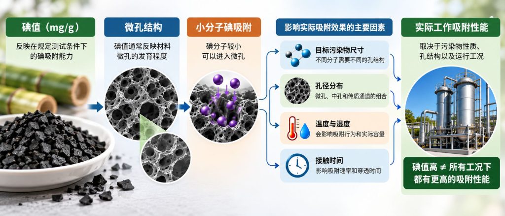 活性炭碘值、微孔结构与实际污染物吸附性能关系示意图