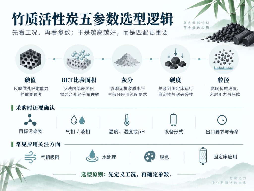 竹质活性炭五参数选型图：碘值、BET比表面积、灰分、硬度和粒径