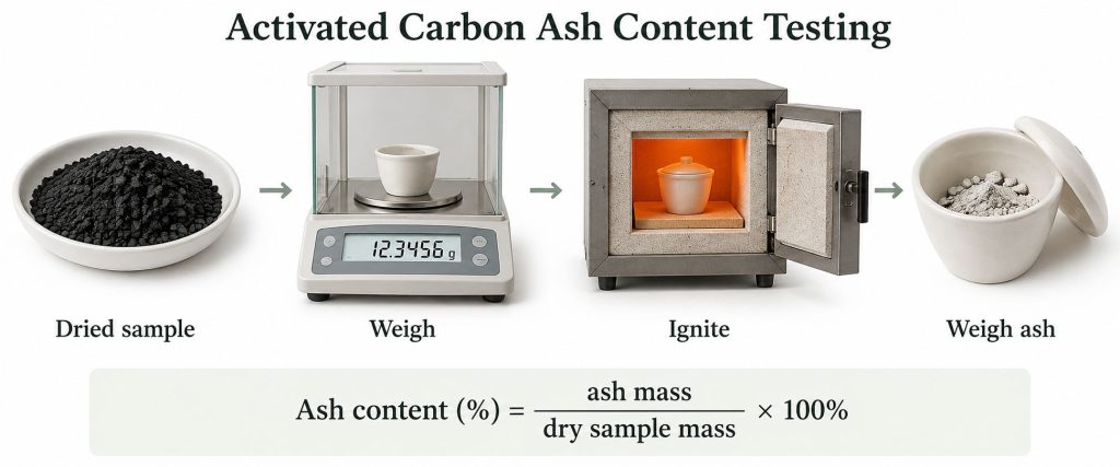 Activated carbon ash content test illustration showing a dry sample, analytical balance, muffle furnace ignition, ash residue and dry-basis calculation