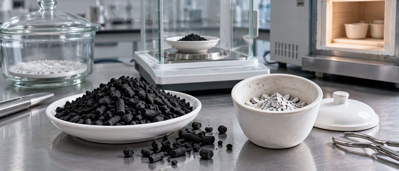 Activated carbon granules, ash residue, ceramic crucibles and laboratory weighing equipment used for ash content testin