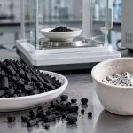 Activated carbon granules, ash residue, ceramic crucibles and laboratory weighing equipment used for ash content testin