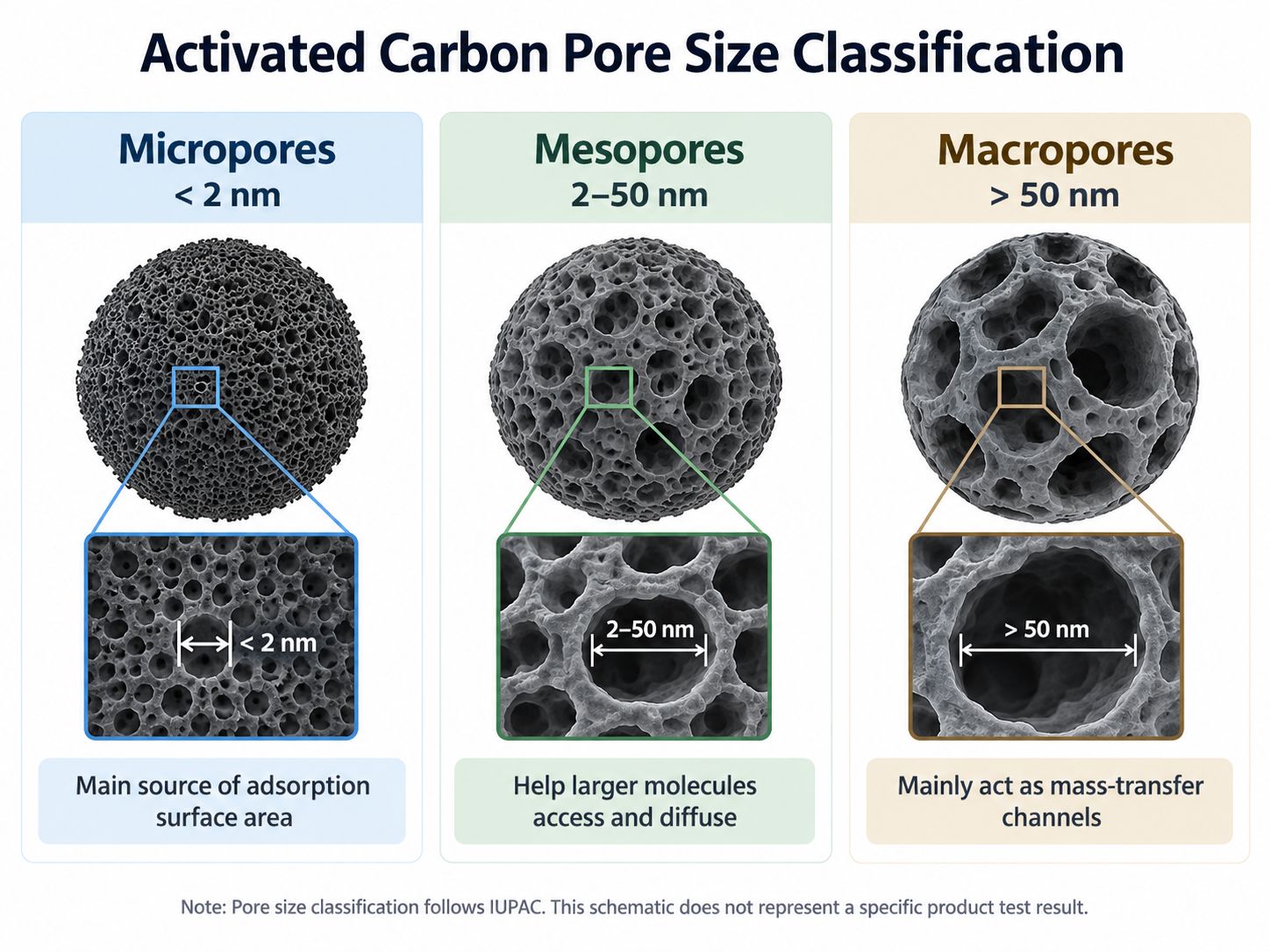 Schematic of activated carbon pore structure showing micropores below 2 nm, mesopores from 2 to 50 nm and macropores above 50 nm