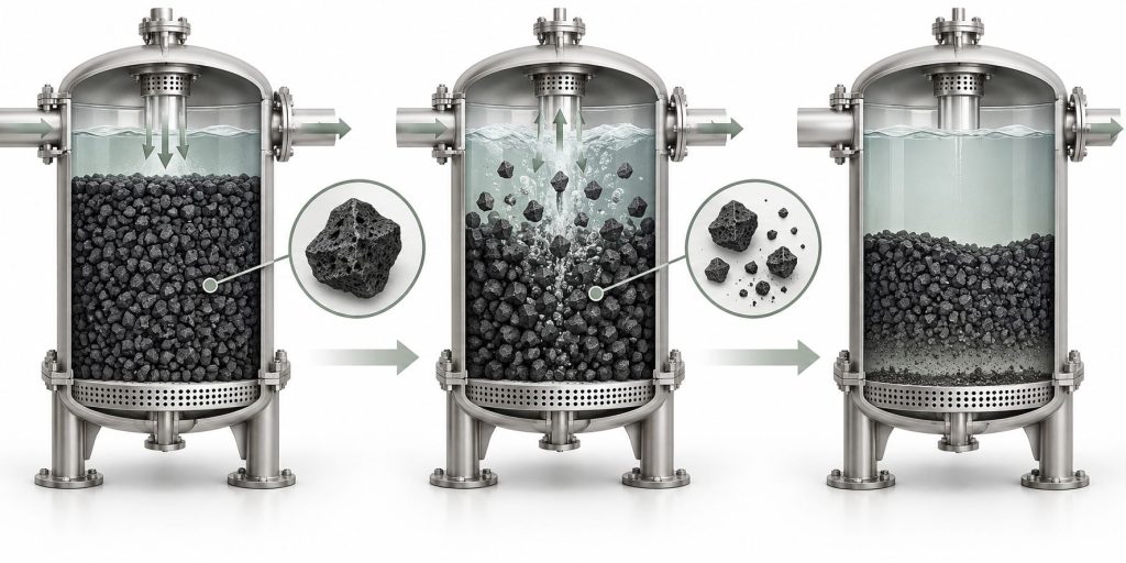 Conceptual illustration showing intact granular activated carbon, particle attrition during operation, and fines accumulating in a fixed bed