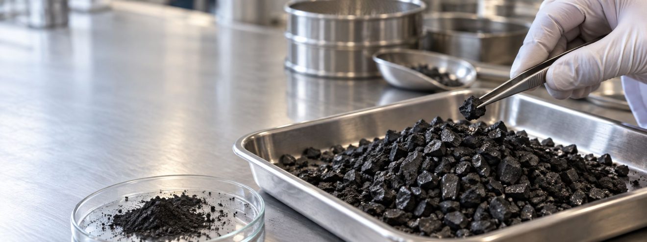 Granular activated carbon samples and carbon fines in a laboratory tray during a mechanical integrity assessment.