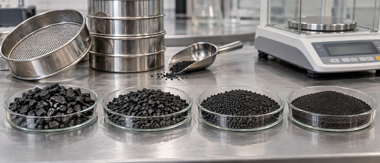 Granular activated carbon samples of different particle sizes with laboratory test sieves, showing the difference between coarse and fine activated carbon particles