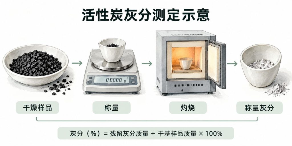 活性炭灰分测定示意图,展示干燥样品称量、马弗炉灼烧、灰分称量和干基灰分计算方法
